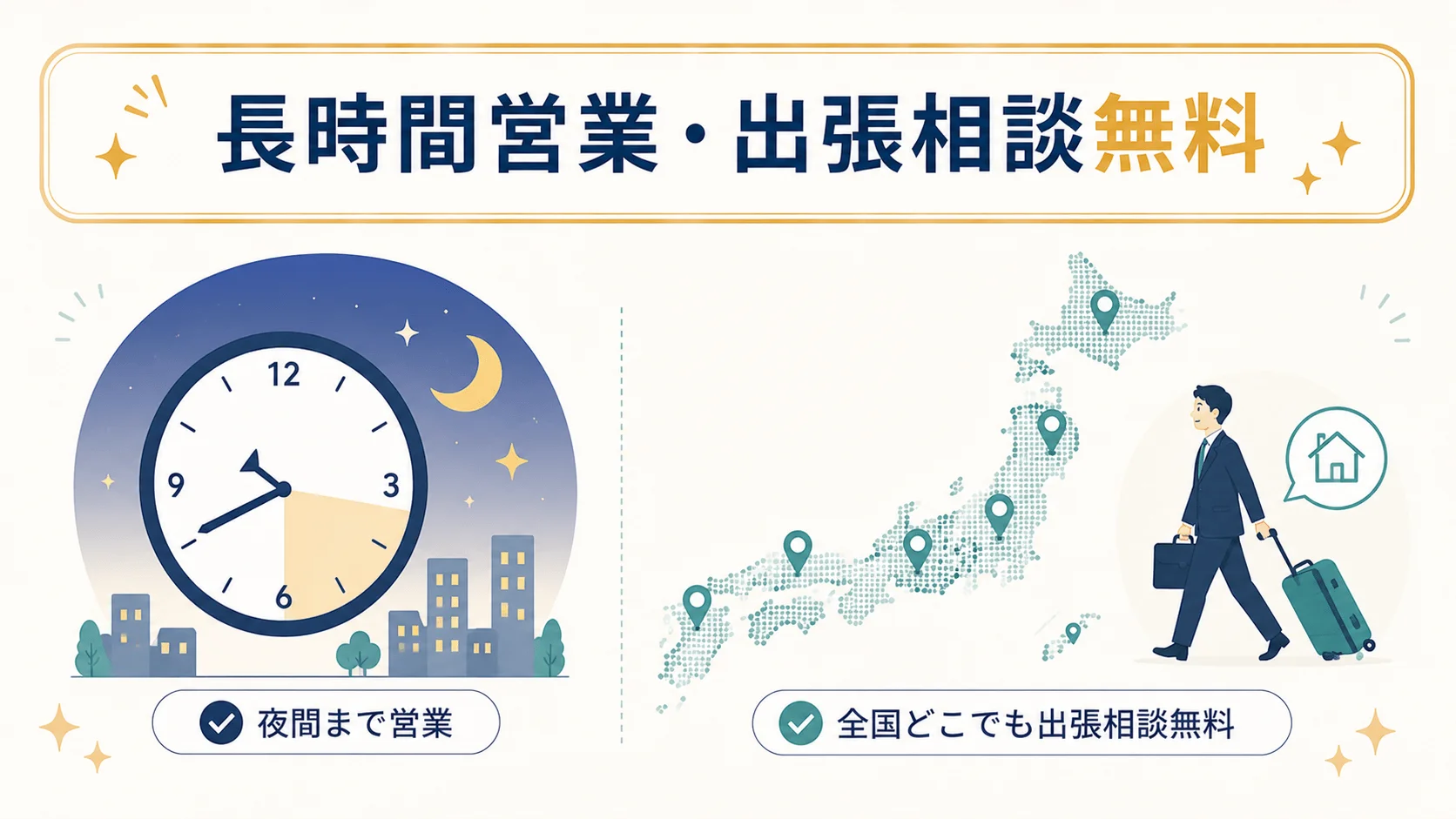 長時間営業と無料の全国出張相談