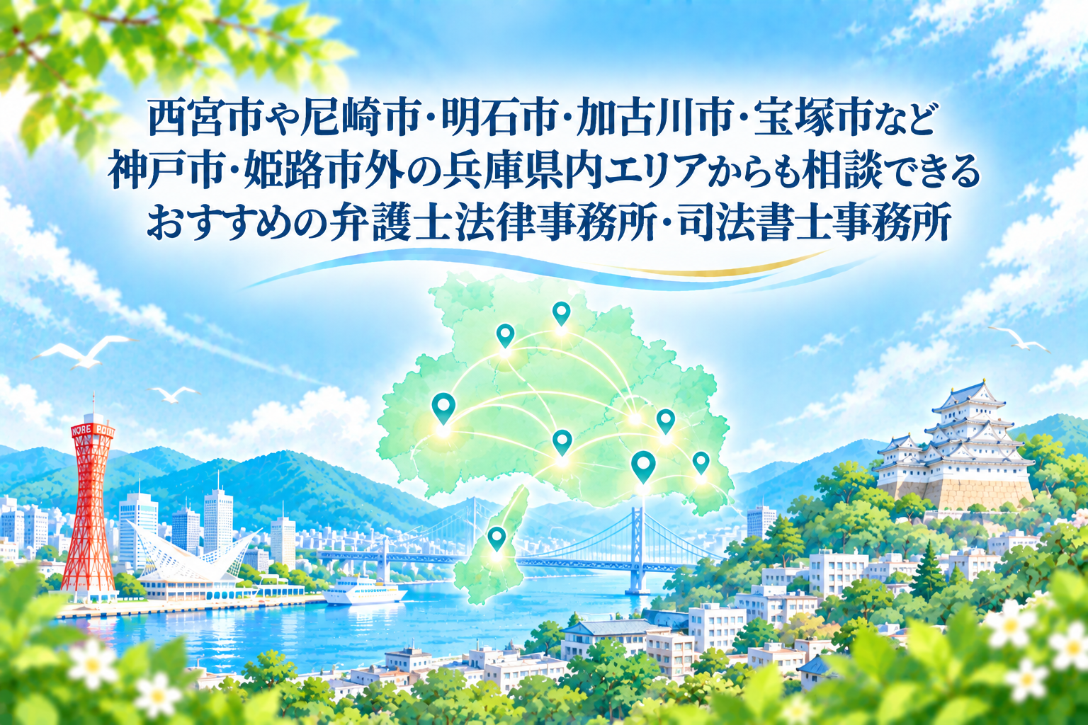 西宮市や尼崎市・明石市・加古川市・宝塚市など神戸市・姫路市外の兵庫県内エリアからも相談できるおすすめの弁護士法律事務所・司法書士事務所